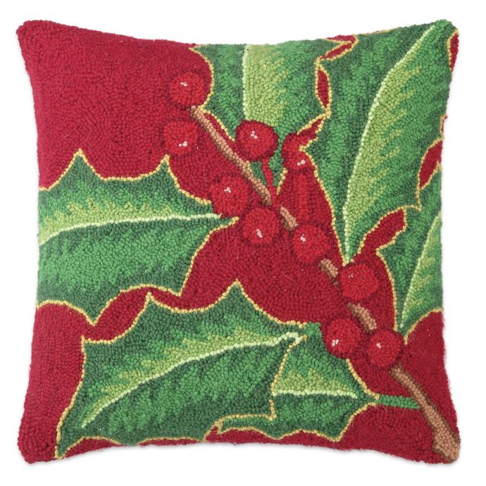 Holly Berry Holiday HandHooked Square Throw Pillow in Red/Green Bed