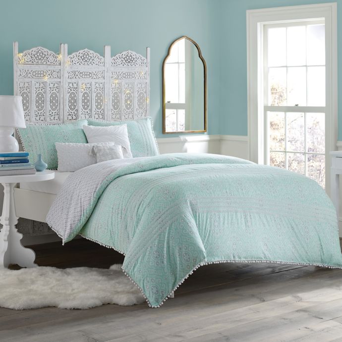 mint green and gray bedroom