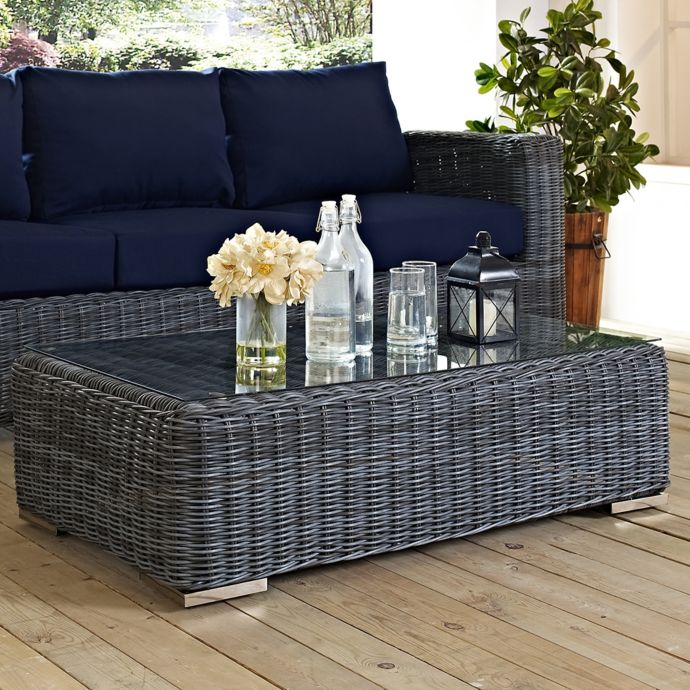 Modway Summon Outdoor Wicker Glass Top Coffee Table in ...