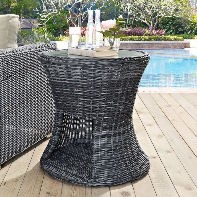 Modway Summon Outdoor Wicker Round Side Table With Glass Top In Grey Bed Bath Beyond