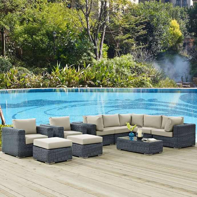 Modway Summon 10 Piece Outdoor Wicker Sectional Set In Sunbrella