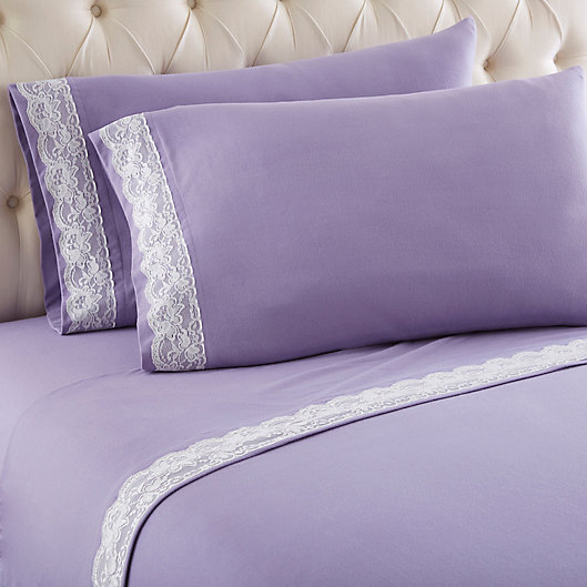 Alternate image 1 for Micro Flannel® Lace Edged California King Sheet Set in Amethyst
