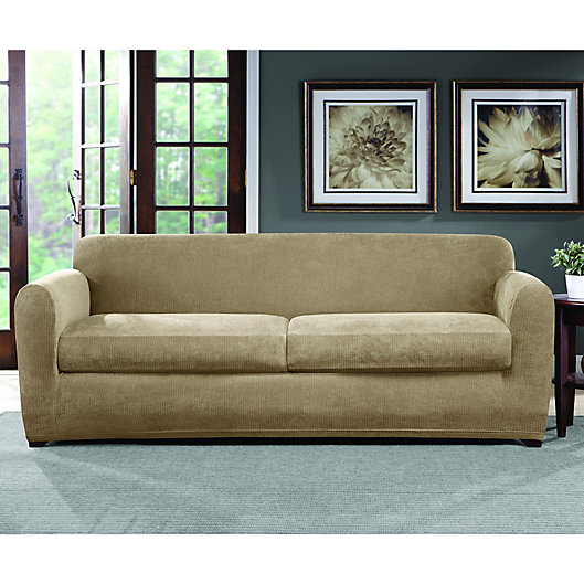 Sure Fit Sofa Slipcover Two Tone Pique 1 Piece Box Cushion Style Seat Brown/Tan 
