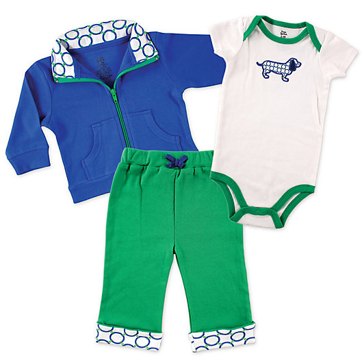 Alternate image 1 for Baby Vision® Yoga Sprout 3-Piece Dog Bodysuit, Jacket, and Pant Set in Blue/Green