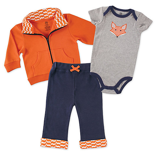 Alternate image 1 for Baby Vision® Yoga Sprout 3-Piece Fox Bodysuit, Jacket, and Pant Set in Orange/Navy