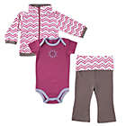 Alternate image 0 for BabyVision&reg; Yoga Sprout Size 0-3M 3-Piece Lotus Jacket, Bodysuit and Pant Set in Purple