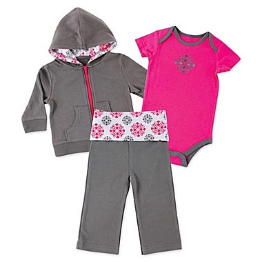 BabyVision&reg; Yoga Sprout Size 3-6M 3-Piece Medallion Hoodie, Bodysuit, and Pant Set in Grey/Pink. View a larger version of this product image.