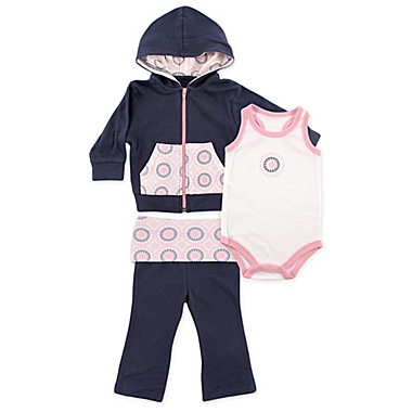 BabyVision&reg; Yoga Sprout Size 0-3M Ornamental Hoodie, Bodysuit, and Pant Set in Navy/Pink. View a larger version of this product image.
