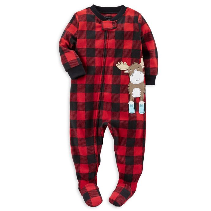 carter's® ZipFront Buffalo Plaid Moose Fleece Footed Pajama in Red