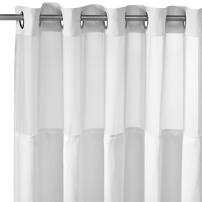 Waffle White Fabric Shower Curtain And, Hookless Shower Curtain Liner Clear Plastic