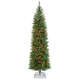 National Tree Kingswood Fir Hinged Pre-Lit Pencil Christmas Tree with Multicolored Lights