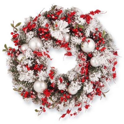 National Tree Company 24-Inch Frosty Christmas Wreath in White/Red