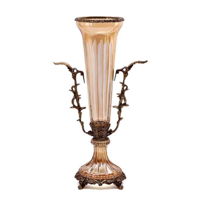 Classic Touch Relic Glass Vase with Brass Accents in Amber Bed Bath