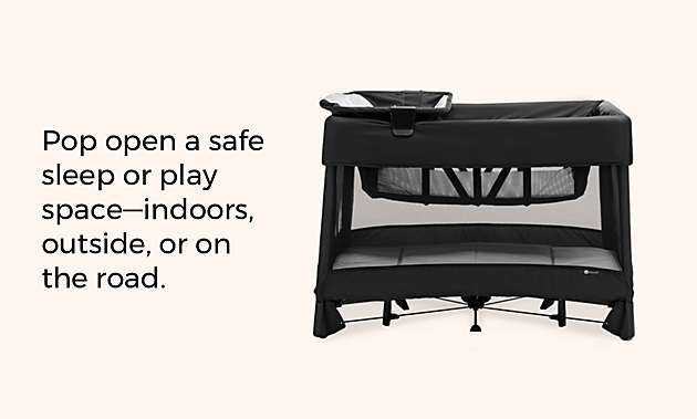 Pop open a safe sleep or play  space—indoors, outside, or on  the road.