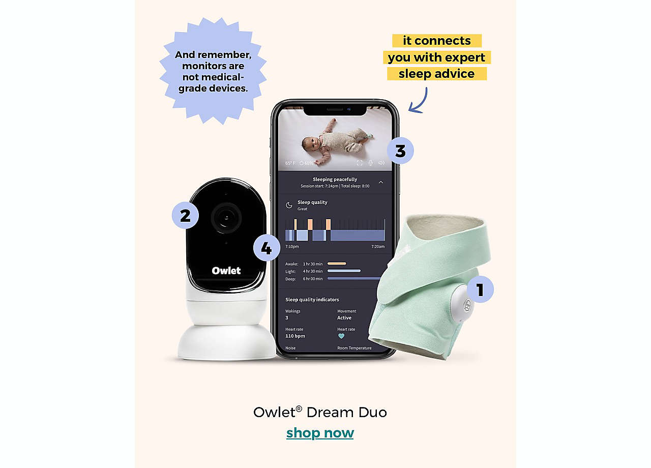 And remember, monitors are not medical-grade devices. | HD camera has night vision and zoom | it connects you with sleep experts | Owlet Dream Sock & Dream Duo shop now >