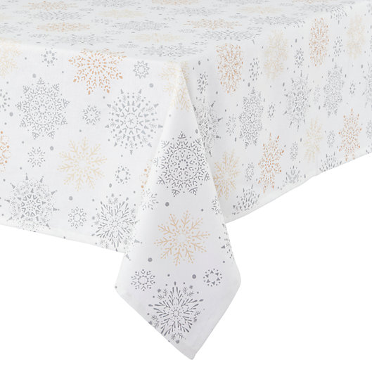 Alternate image 1 for Bee & Willow™ Snowfall 60-Inch x 144-Inch Rectangular Christmas Tablecloth in Silver/Gold