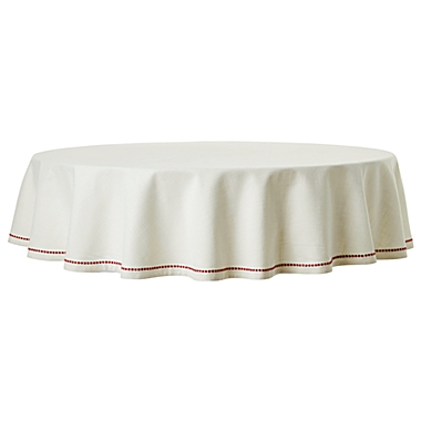 Bee & Willow&trade; Embroidered Snowflakes 70-Inch Round Tablecloth in Coconut Milk/Red. View a larger version of this product image.