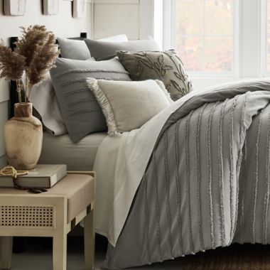 Bee &amp; Willow&trade; Striped Cranston 3-Piece Full/Queen Duvet Cover Set in Grey. View a larger version of this product image.