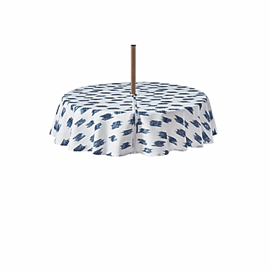 Everhome&trade; Ikat Stripe 70-Inch Round Tablecloth in White/Blue with Umbrella Hole. View a larger version of this product image.