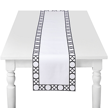 Everhome&trade; Cane 90-Inch Embroidered Table Runner in White/Navy. View a larger version of this product image.