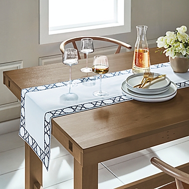 Everhome&trade; Cane 90-Inch Embroidered Table Runner in White/Navy. View a larger version of this product image.
