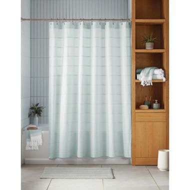 Haven&trade; 72-Inch x 98-Inch Pebble Stripe Organic Cotton Shower Curtain in Sky Green. View a larger version of this product image.
