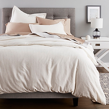 Nestwell&trade; Pinstripe Cotton Linen 3-Piece Full/Queen Duvet Cover Set in White/Black. View a larger version of this product image.