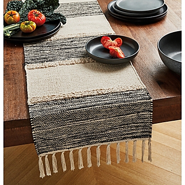 Our Table&trade; Fringe Stripe 90-Inch Table Runner in Black/Natural. View a larger version of this product image.