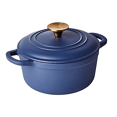 Our Table&trade; 2 qt. Enameled Cast Iron Dutch Oven with Gold Lid Knob in Dark Denim. View a larger version of this product image.