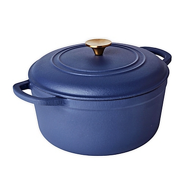 Our Table&trade; 6 qt. Enameled Cast Iron Dutch Oven with Gold Lid Knob in Dark Denim. View a larger version of this product image.