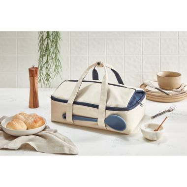 Our Table&trade; 10.56 qt. Insulated Casserole Tote in Cream/Blue. View a larger version of this product image.