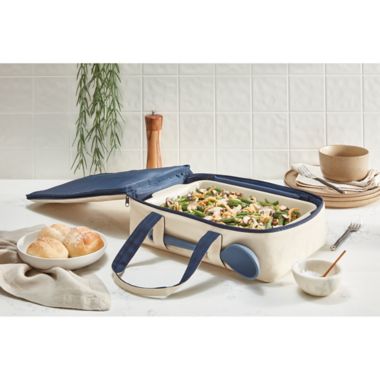 Our Table&trade; 10.56 qt. Insulated Casserole Tote in Cream/Blue. View a larger version of this product image.