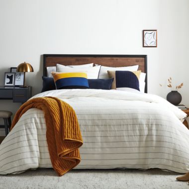 Studio 3B&trade; 3-Piece Full/Queen Pinstripe Duvet Cover Set in Coconut Milk/Navy. View a larger version of this product image.