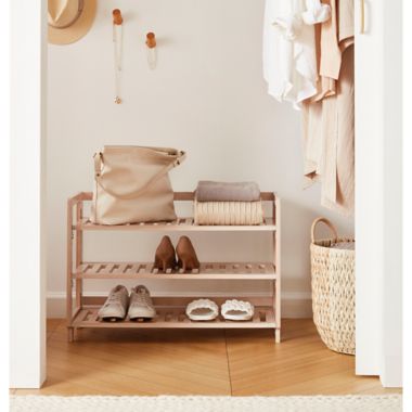 Squared Away&trade; 3-Tier Foldable Shoe Rack in White Wash. View a larger version of this product image.