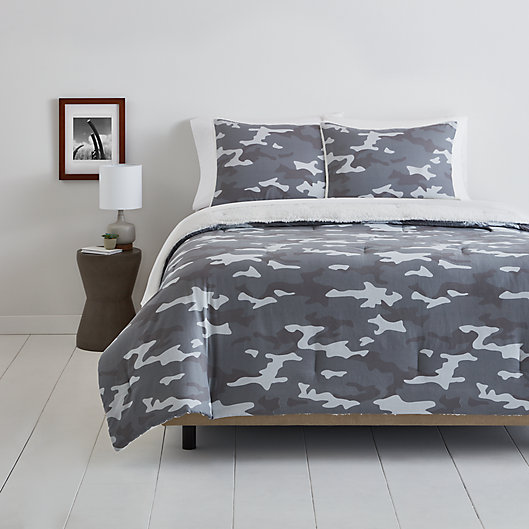 Alternate image 1 for Simply Essential™ Camo Sherpa 2-Piece Reversible Twin/Twin XL Duvet Cover Set in Grey