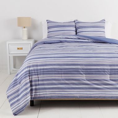 Simply Essential&trade; Broken Stripe 3-Piece Full/Queen Duvet Cover Set in Navy/Grey. View a larger version of this product image.