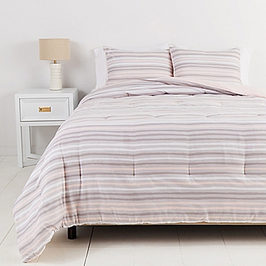 Simply Essential&trade; Broken Stripe 3-Piece Full/Queen Duvet Cover Set in Pink/Grey. View a larger version of this product image.