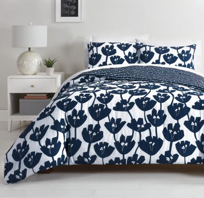 Ilrated Flowers 3 Piece Duvet Cover, Navy Blue Patterned Duvet Cover Set Pale