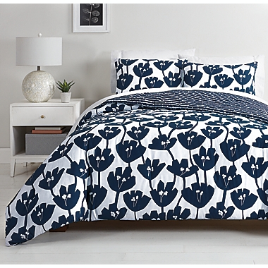 Simply Essential&trade; Floral 3-Piece Reversible Full/Queen Comforter Set in Mood Indigo. View a larger version of this product image.