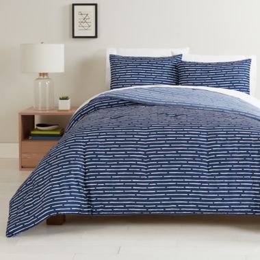 Simply Essential&trade; Dashed Stripe 3-Piece Reversible King Comforter Set in Blue. View a larger version of this product image.