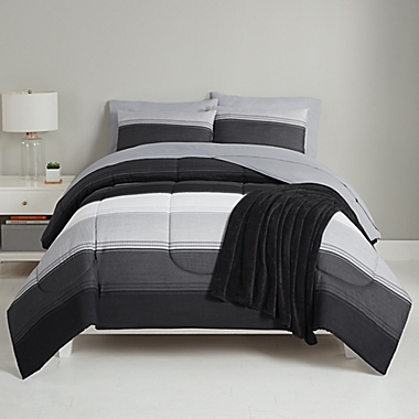 Simply Essential&trade; Stitched Stripe 8-Piece King Comforter Set in Black. View a larger version of this product image.