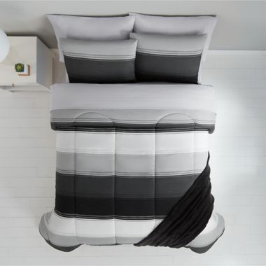 Simply Essential&trade; Stitched Stripe 8-Piece King Comforter Set in Black. View a larger version of this product image.