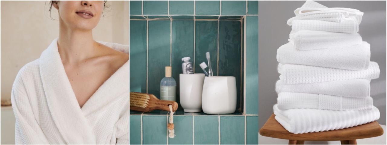 Haven cotton robe, bathroom accessories, and white cotton towels from the Haven collection.