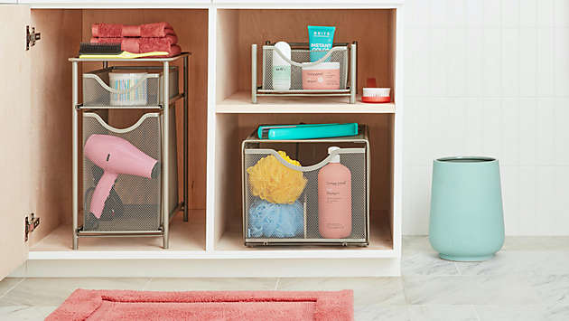 Make cabinet navigation easy with bins, baskets, and drawers.