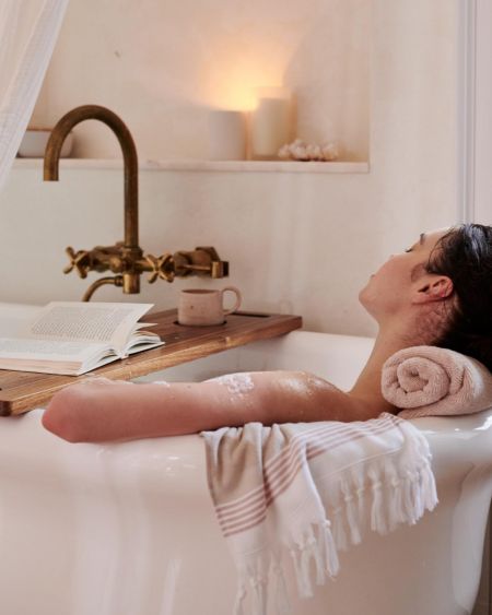 Warm woods and tinted glass create a calming ambience.