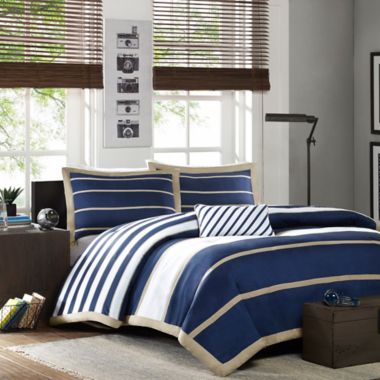 Mi Zone Ashton Stripe Printed King/California King Comforter Bedding Set in Khaki/Navy. View a larger version of this product image.