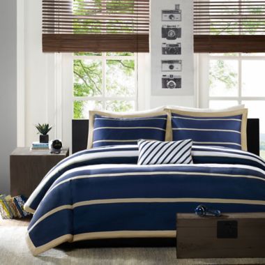 Mi Zone Ashton Stripe Printed Twin/Twin XL Comforter Bedding Set in Khaki/Navy. View a larger version of this product image.