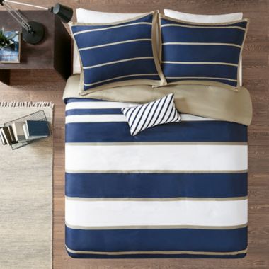Mi Zone Ashton Stripe Printed King/California King Comforter Bedding Set in Khaki/Navy. View a larger version of this product image.