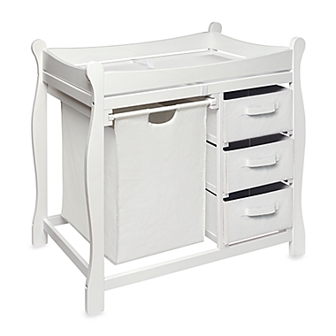 Badger Basket Sleigh Changing Table with Hamper and 3 Baskets in White. View a larger version of this product image.