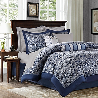 Madison Park Aubrey 12-Piece Reversible Queen Comforter Set in Navy. View a larger version of this product image.
